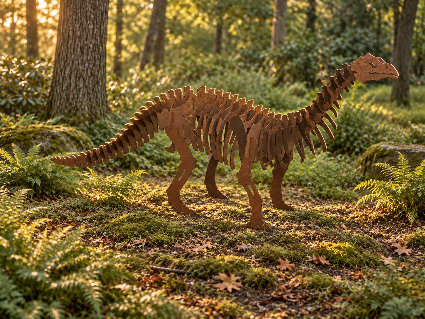 Brontosaurus steel statue in a garden