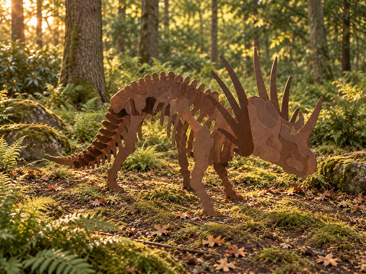 Styracosaurus steel statue in a garden